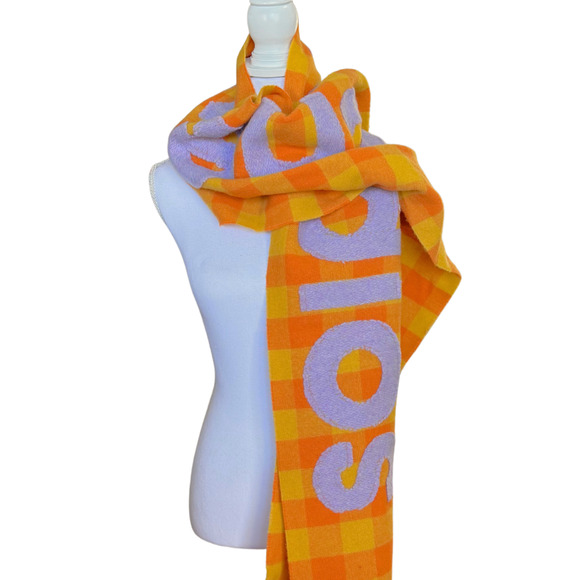 NWT $420 Acne Studios Veda Checked Wool Big Logo Scarf 80"x37" Orange Purple - Picture 6 of 13